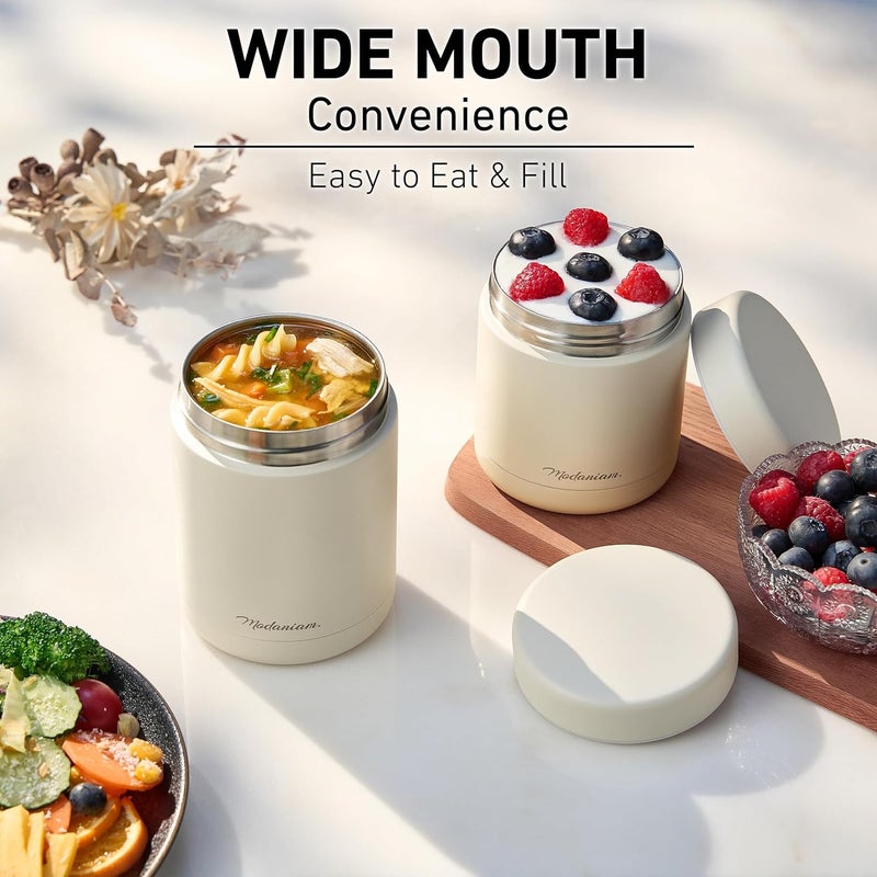 Modaniam Stainless Steel Insulated Food Jar Set of 2 (16oz + 12oz) | Wide Mouth | Hot Food Lunch Container | Thermal Lunch Box | Insulated Soup Bowl | Hot & Cold Lunch Box for Adults, Teens | Vanilla - Image 3
